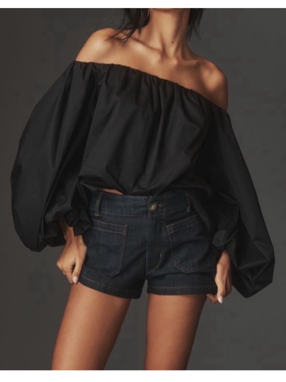 Anthropologie Mare Mare Poplin Off-the-Shoulder Crop Blouse Black Medium